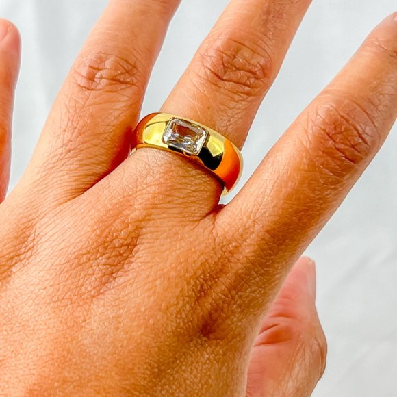 Gold Thick Band Ring With Stone Gold Chunky Ring for Women 18k Gold Plated Ring - Picture 12 of 15